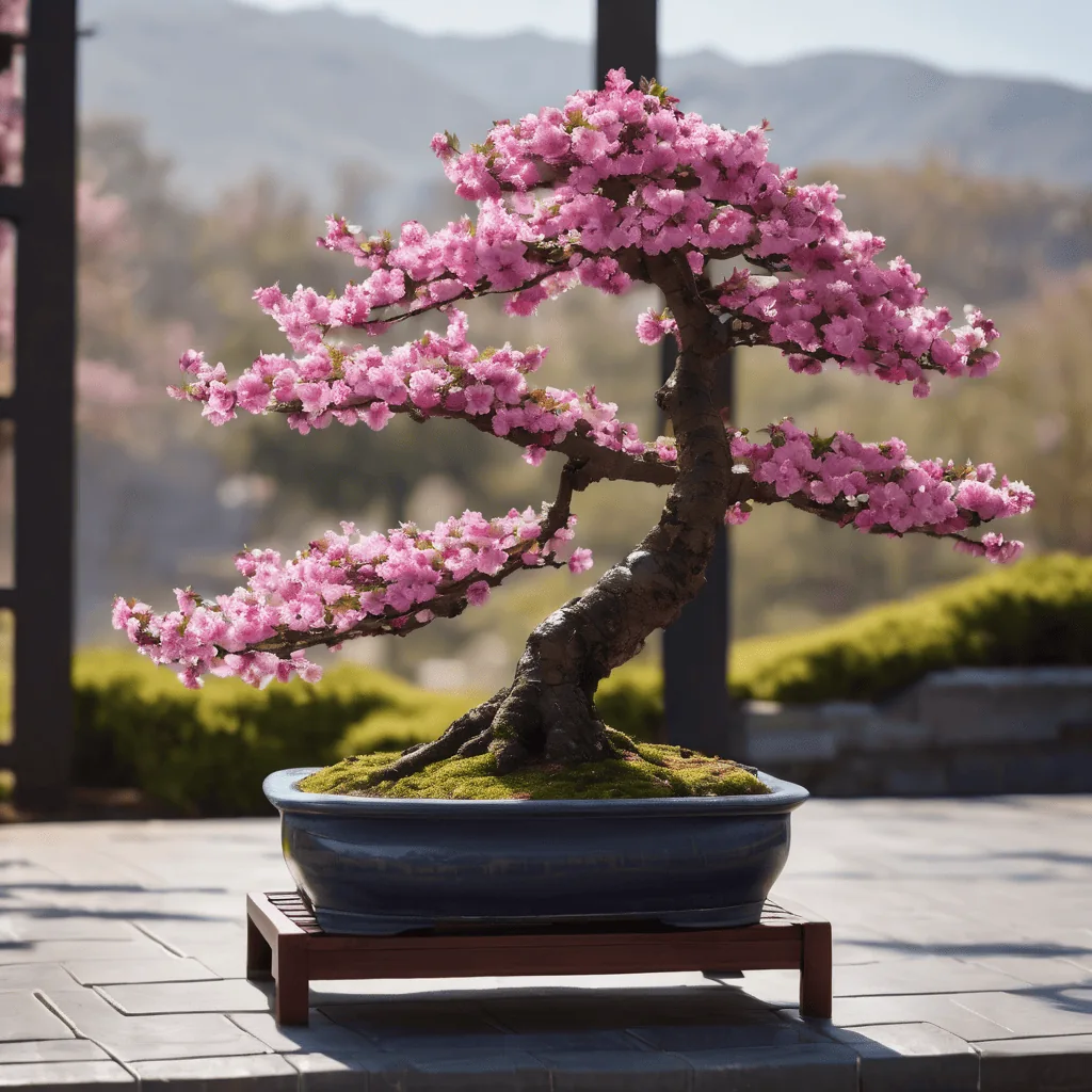 A perfectly grown cherry blossom bonsai on a patio