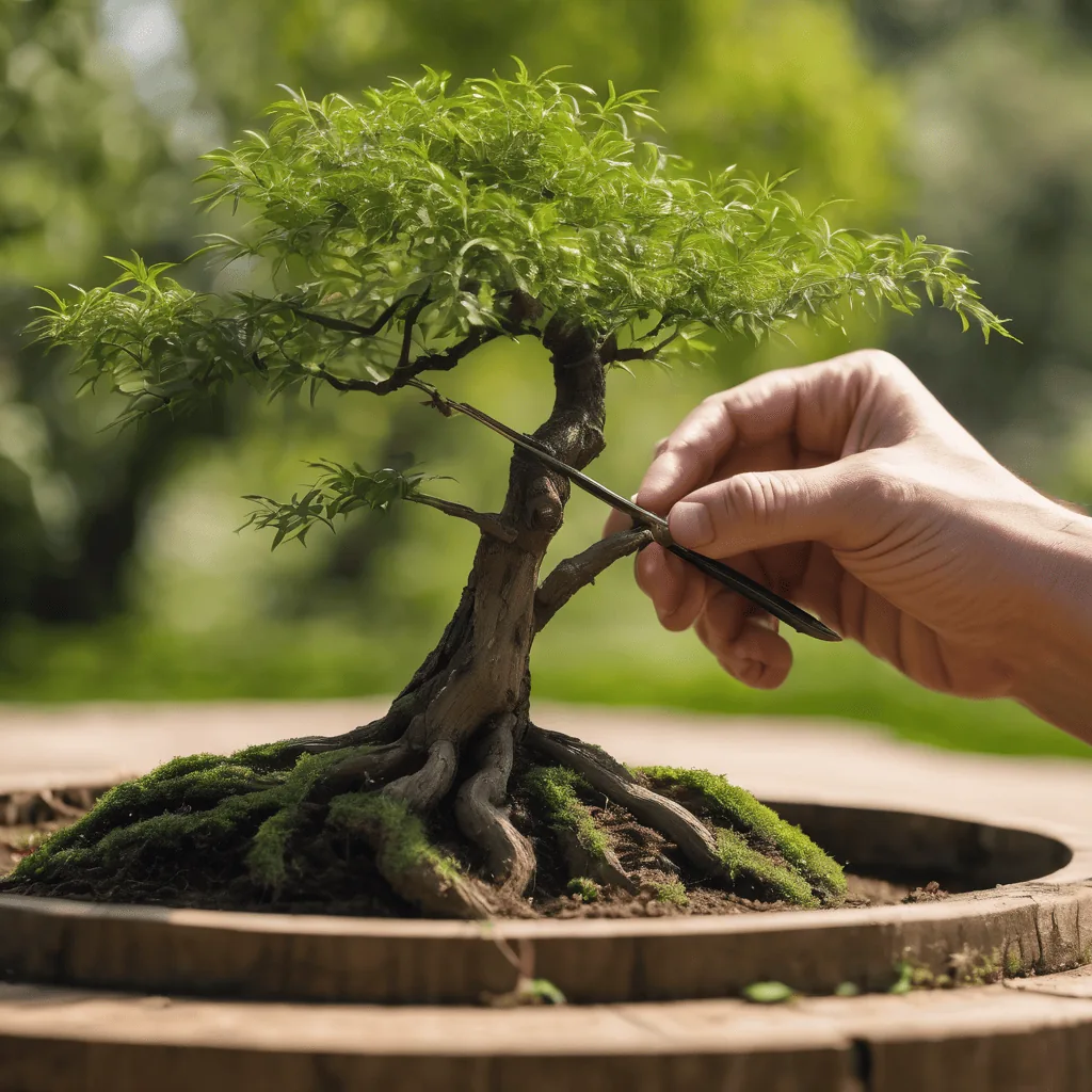 A hand trimming a baby weeping willow bonsai