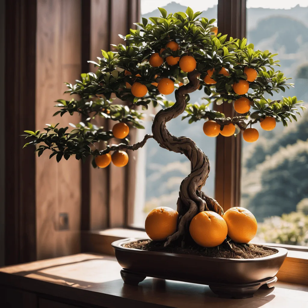 bonsai orange tree in windowsill