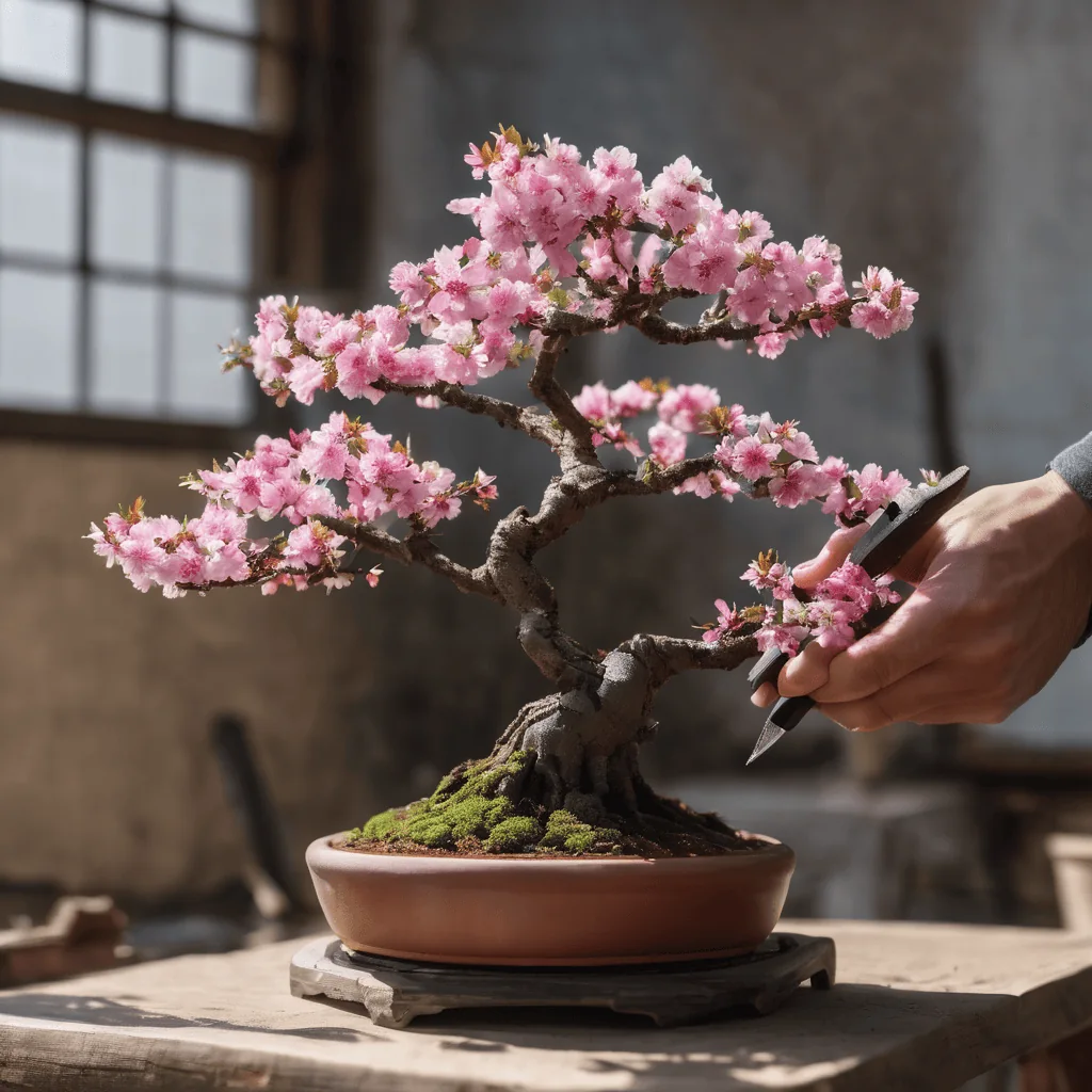 A hand pruning a Cherry Blossom Bonsai.