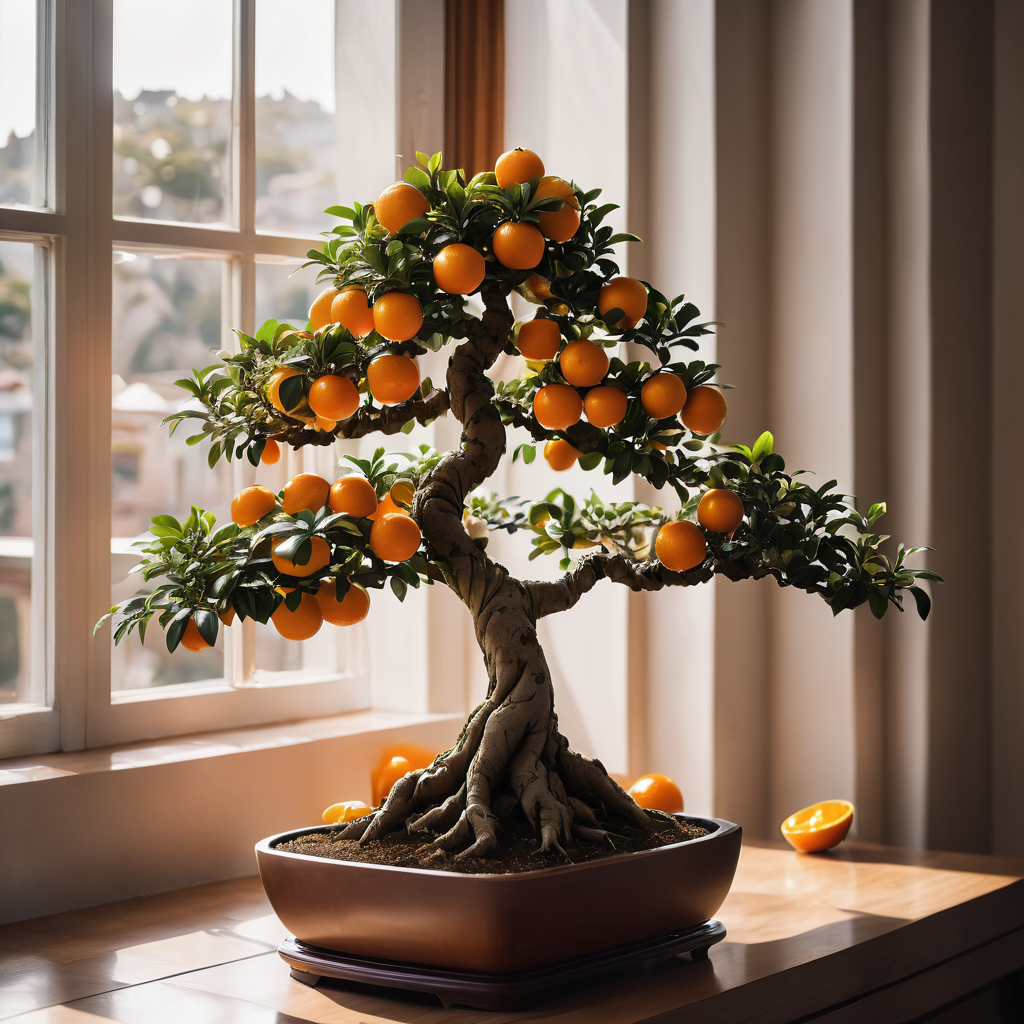 bonsai orange tree placed in bright windowsill